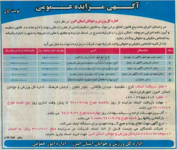 مزایده, مزایده زمین چمن مهرشهر آگهی بار چهارم....