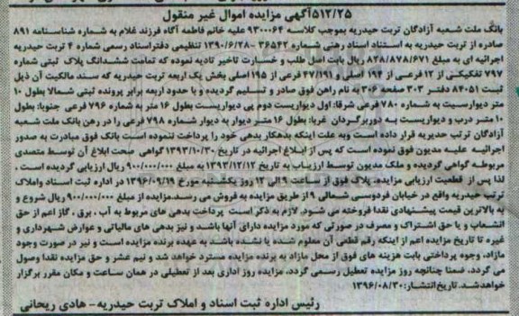 مزایده,مزایده ششدانگ پلاک ثبتی بخش یک اربعه تربت حیدریه 