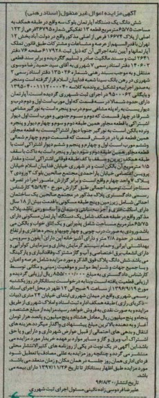 مزایده,مزایده ششدانگ آپارتمان مساحت 65.75متر 