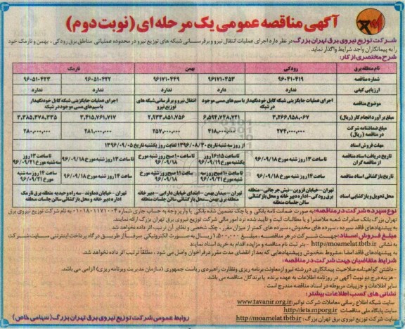 آگهی مناقصه عمومی یک مرحله ای , مناقصه اجرای عملیات انتقال نیرو برقرسانی .... نوبت دوم