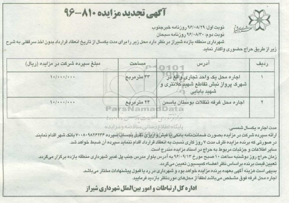 آگهی تجدید مزایده, مزایده اجاره محل یک واحد تجاری و ... تجدید - نوبت دوم