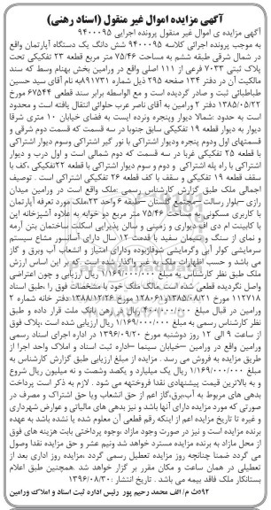 مزایده، مزایده یک دستگاه آپارتمان به مساحت 75/46 مترمربع