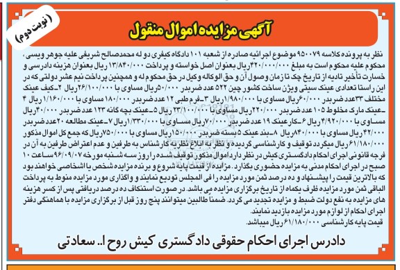 آگهی مزایده اموال منقول، مزایده تعدادی عینک سیتی ویژن - نوبت دوم