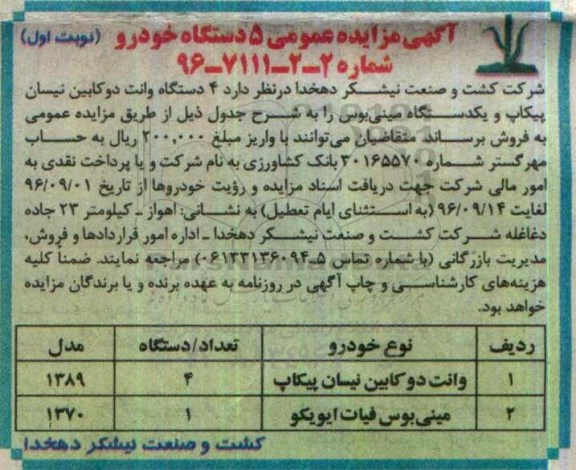 آگهی مزایده عمومی, مزایده 5 دستگاه خودرو