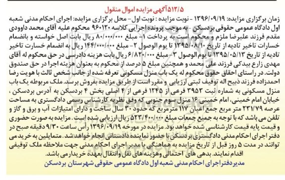 مزایده,مزایده منزل مسکونی بخش 4 بردسکن