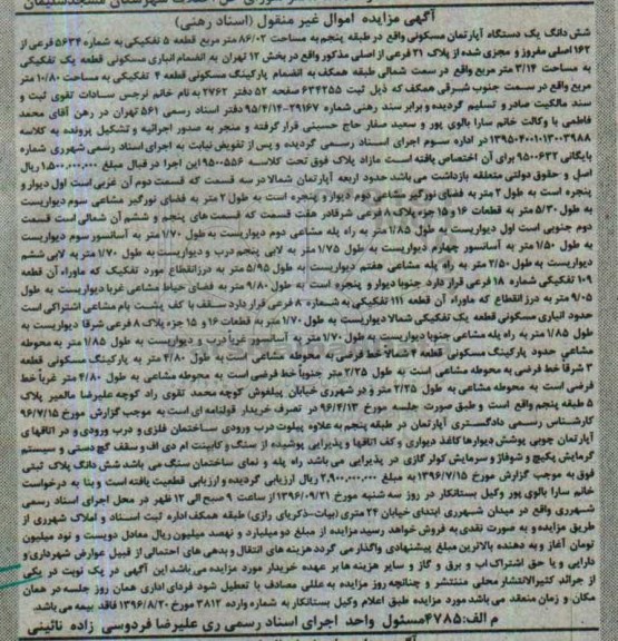 مزایده,مزایده ششدانگ اپارتمان مسکونی 86.02متر