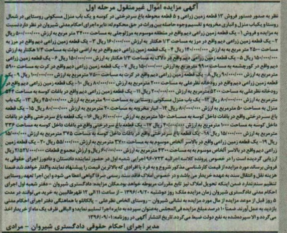 مزایده,مزایده فروش 13 قطعه زمین زراعی و 5 قطعه محوطه باغ