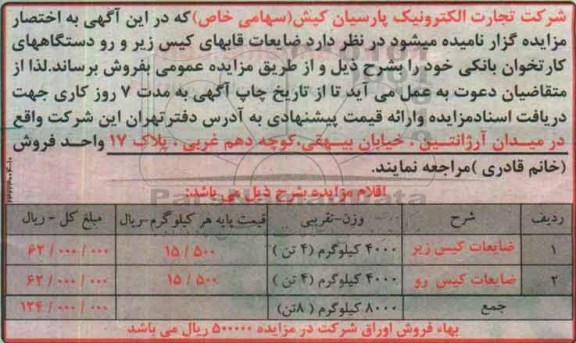 مزایده، مزایده ضایعات قابهای کیس زیر و رو دستگاههای کارتخوان بانکی 