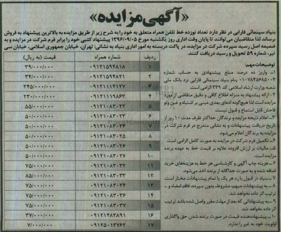 اگهی مزایده , مزایده فروش تعداد نوزده خط تلفن همراه