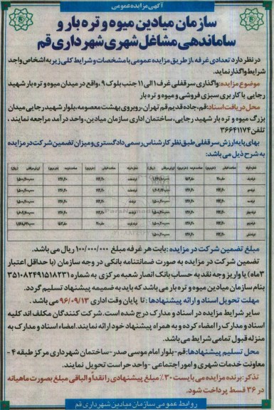 مزایده , مزایده واگذاری سرقفلی و اعیانی غرف 1 الی 11