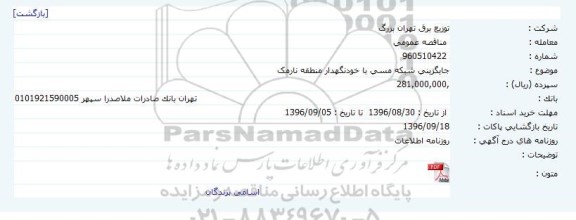 مناقصه عمومی, مناقصه جایگزینی شبکه مسی با خودنگهدار منطقه نارمک
