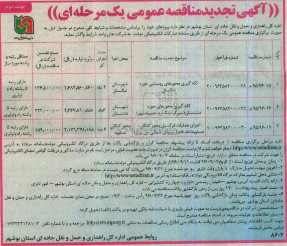 مناقصه تجدید مناقصه لکه گیری محورهای روستایی و ... نوبت دوم
