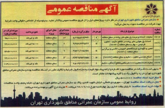مناقصه عمومی, مناقصه عملیات احداث و مرمت پل های عابر پیاده، احداث پل هوایی عابرپیاده...