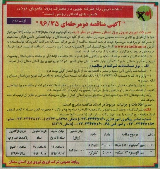 مناقصه ,مناقصه سیم آلومینیوم فولاد هاینا و ...