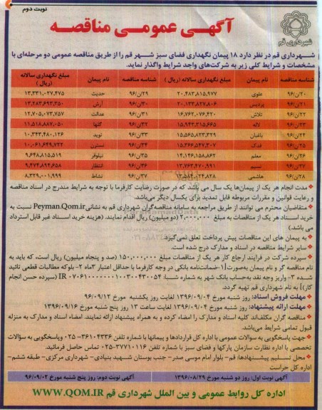 مناقصه عمومی, مناقصه 18 پیمان نگهداری فضای سبز شهر - نوبت دوم 