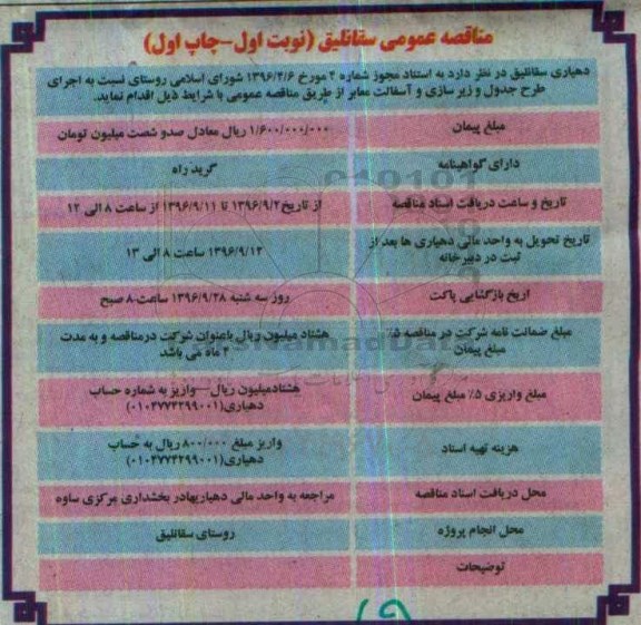 مناقصه عمومی , مناقصه اجرای طرح جدول و زیرسازی و آسفالت معابر