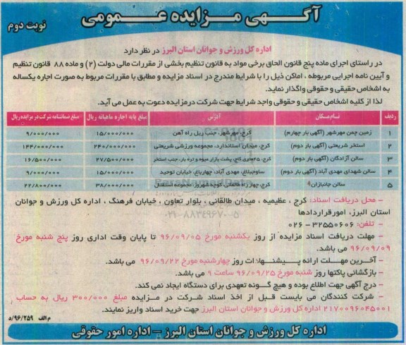 مزایده, مزایده زمین چمن مهرشهر آگهی بار چهارم....نوبت دوم 