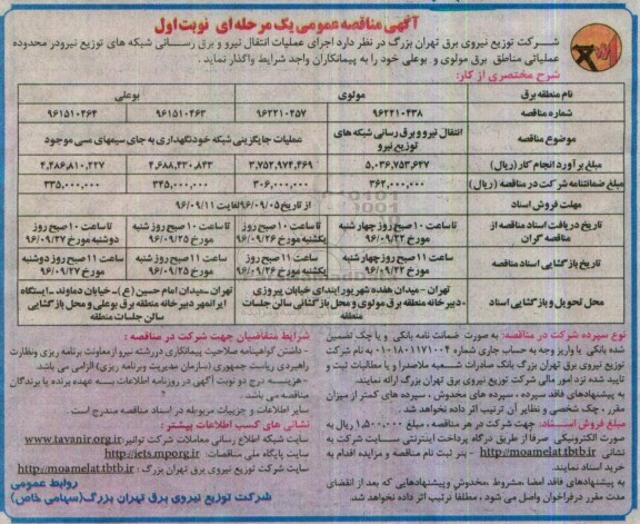 آگهی مناقصه عمومی یک مرحله ای , مناقصه انتقال نیرو و برق رسانی شبکه های توزیع نیرو 