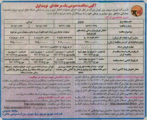 آگهی مناقصه عمومی یک مرحله ای , مناقصه انتقال نیرو و برق رسانی شبکه های توزیع نیرو 