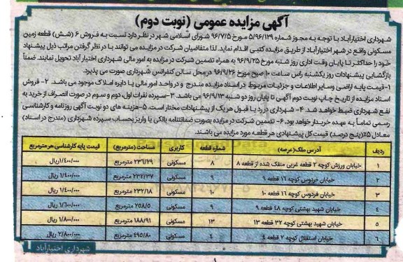 مزایده,مزایده فروش شش قطعه زمین مسکونی نوبت دوم