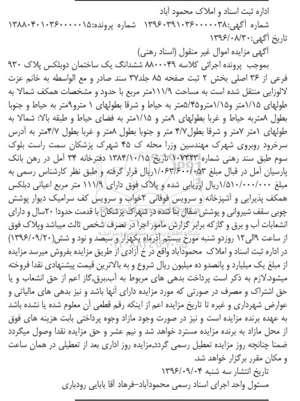 مزایده,مزایده ششدانگ ساختمان دوبلکس