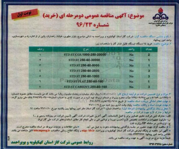  آگهی مناقصه عمومی دو مرحله ای , مناقصه خرید 14 دستگاه تقلیل فشار گاز