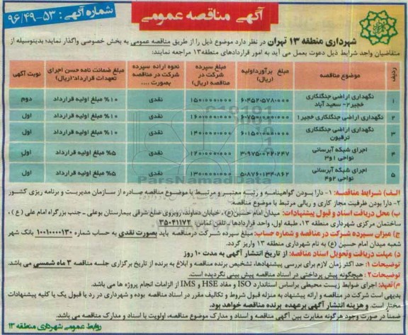 مناقصه عمومی, مناقصه نگهداری اراضی جنگلکاری و اجرای شبکه آبرسانی
