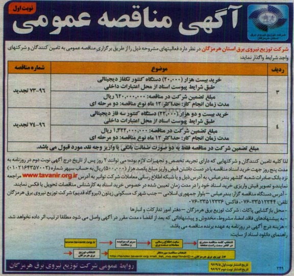 تجدید آگهی مناقصه عمومی, مناقصه خرید بیست هزار 20.000 دستگاه کنتور تکفاز دیجیتالی