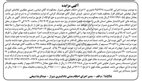 مزایده,مزایده معادل 42.521 سهم از یکصد سهم پلاک ثبتی