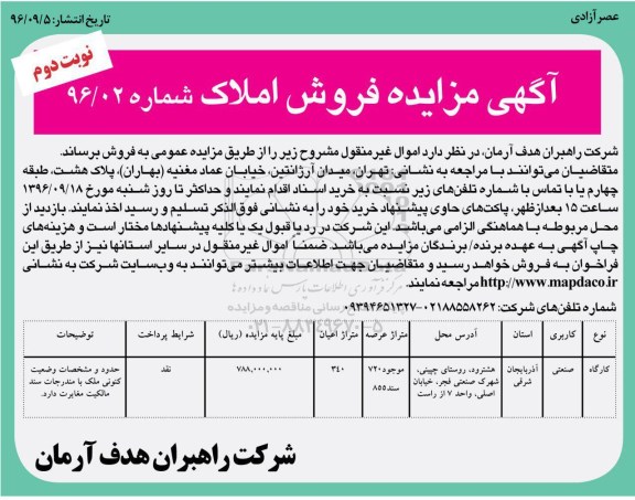 مزایده,مزایده فروش املاک با کاربری صنعتی نوبت دوم