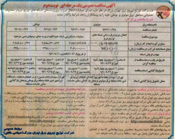 آگهی مناقصه عمومی یک مرحله ای , مناقصه انتقال نیرو و برق رسانی شبکه های توزیع نیرو  نوبت دوم 