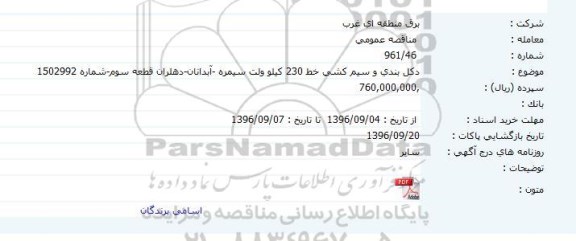 مناقصه عمومی , مناقصه عمومی دکل بندی و سیم کشی 