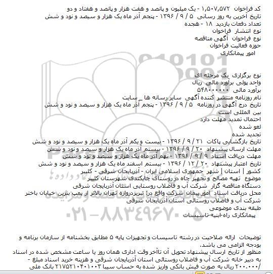اگهی مناقصه , مناقصه تهیه مصالح و تجهیز چاه در روستا