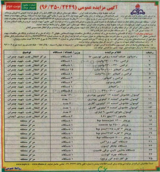آگهی مزایده عمومی , مزایده رادیاتور خنک کننده روغن توربین ir ، ترانس و ...نوبت دوم