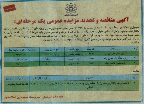 آگهی مناقصه ، مناقصه لایروبی کانال های سرپوشیده نوبت دوم 