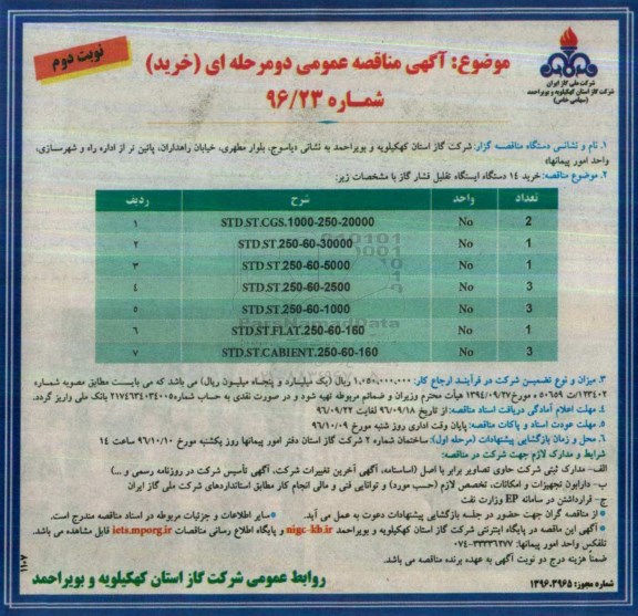  آگهی مناقصه عمومی دو مرحله ای , مناقصه خرید 14 دستگاه تقلیل فشار گاز نوبت دوم 