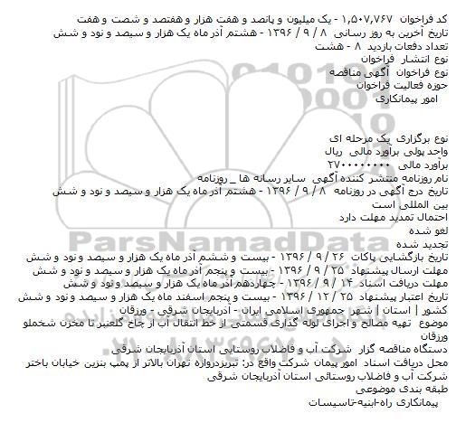 آگهی مناقصه, مناقصه تهیه مصالح و اجرای لوله گذاری قسمتی از خط انتقال آب
