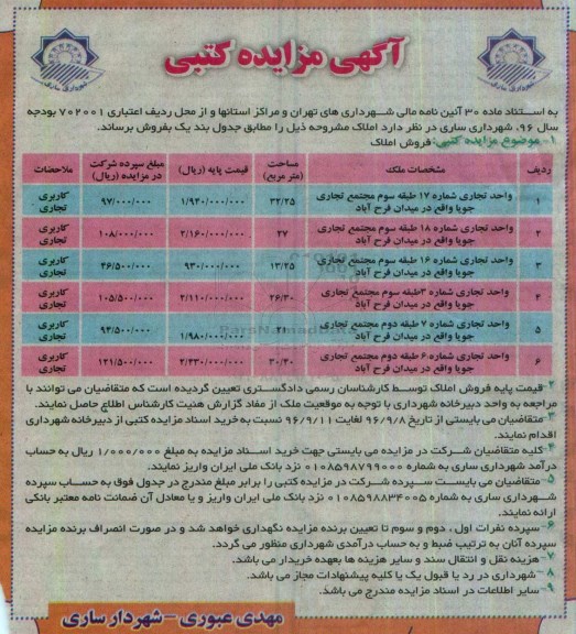مزایده,مزایده فروش املاک شامل واحد تجاری