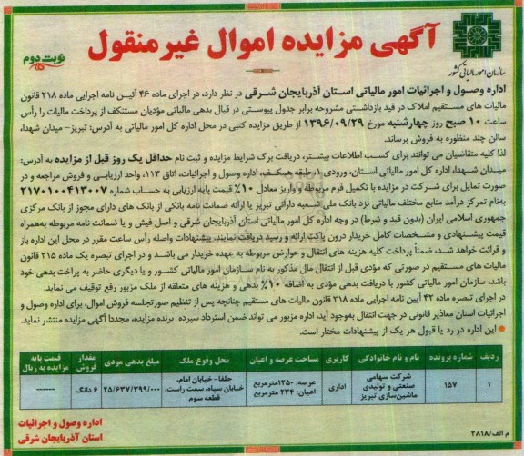 مزایده,مزایده املاک کاربری اداری عرصه 1250متر نوبت دوم