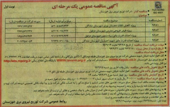 مناقصه عمومی, مناقصه پروژه های کاهش تلفات دهستان، پروژه فیدر، احداث قدرت...
