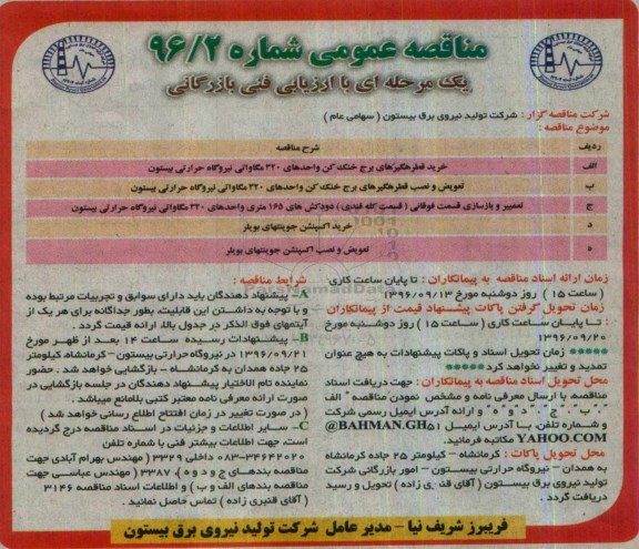 مناقصه خرید قطره گیرهای برج خنک کن