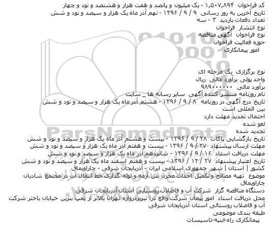 آگهی مناقصه, مناقصه تهیه مصالح و تکمیل احداث مخزن بتن آرمه
