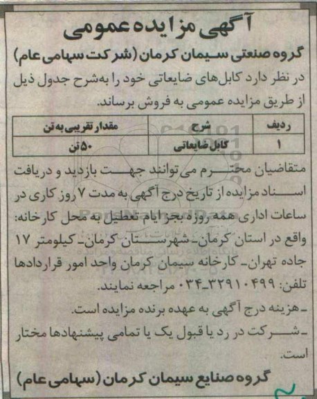آگهی مزایده عمومی,مزایده فروش ​کابل ضایعاتی 