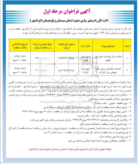 آگهی فراخوان , فراخوان احداث مرکز بهداشت شهرستان چابهار...