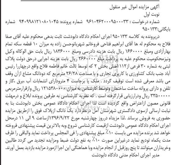 مزایده،مزایده پلاک ثبتی کاربری تجاری 26.28متر