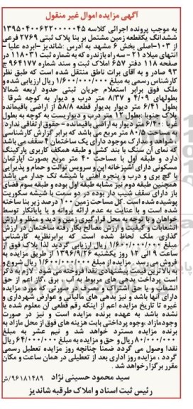 مزایده,مزایده ششدانگ زمین مشتمل بر بنا بخش شش مشهد