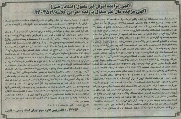 مزایده,مزایده ششدانگ آپارتمان مساحت 51.84متر قطعه دوم