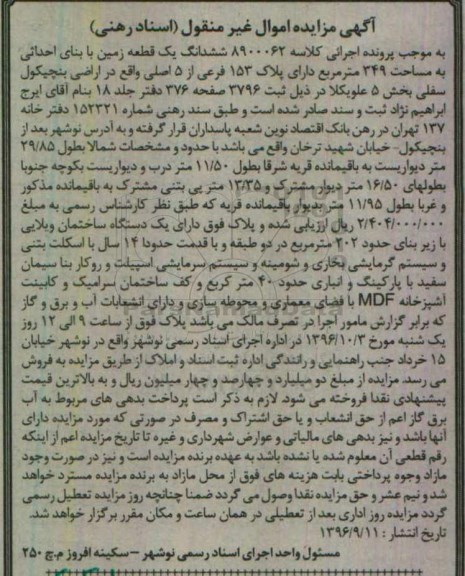 مزایده,مزایده ششدانگ زمین مساحت 349مترمربع