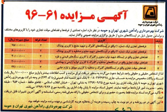 آگهی مزایده, مزایده اجاره تعدادی از غرفه ها و فضاهای موقت تجاری