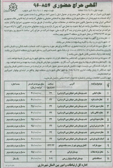 مزایده ,مزایده اجاره مغازه های کبابی، فست فود، سوپرمارکت، کافی شاپ، میوه فروشی...نوبت دوم 